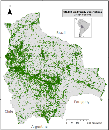 Georeferenced biodiversity observations for Bolivia, compiled from records in local and international natural history museums, herbaria and direct observations reported by experts.